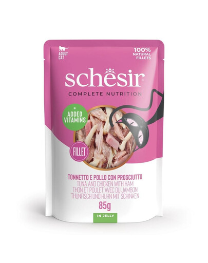 SCHESIR Nassfutter Thunfisch Huhn und Schinken in Gelee für Katzen 6x85 g
