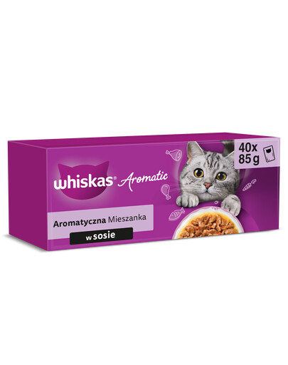 WHISKAS Aromatische MIX für adulte Katzen Nassfutter in Soße mit Schweinefleisch und Karotten, Hühnchen, Seefisch in Brühe, Lachs und Erbsen 4x40x85 g