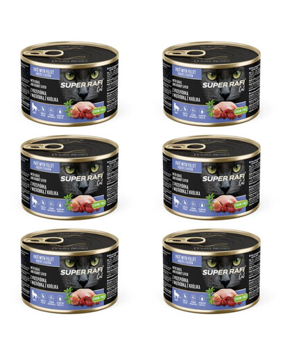 SUPER RAFI Nassfutter mit Wachtel und Kaninchenleber für adulte Katzen getreidefrei 6x185g