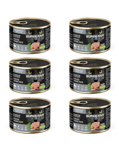 SUPER RAFI Nassfutter mit Perlhuhn und Entenherzen für adulte sterilisierte Katzen getreidefrei 6x185g