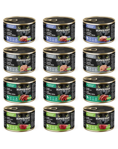 SUPER RAFI Nassfutter Mix 4 Geschmacks für adulte Katzen getreidefrei 12x185g
