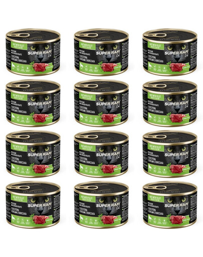 SUPER RAFI Nassfutter mit Wild und Hühnerherzen für adulte Katzen getreidefrei 12x185g