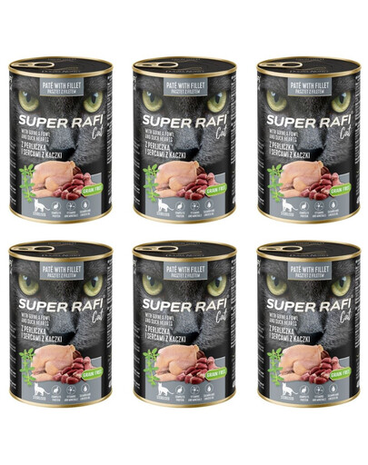 SUPER RAFI Nassfutter Perlhuhn und Entenherzen für adulte sterilisierte Katzen getreidefrei 6x400g
