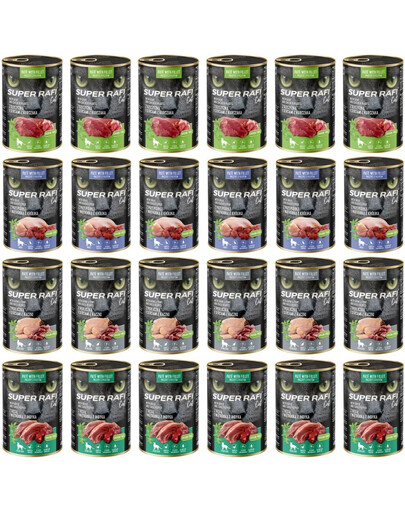 SUPER RAFI Nassfutter Mix 4 Geschmacks für adulte Katzen getreidefrei 24x400g