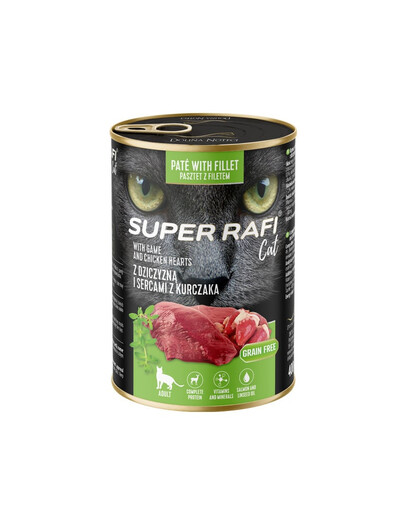 SUPER RAFI Nassfutter mit Wild und Hühnerherzen für adulte Katzen getreidefrei 400g