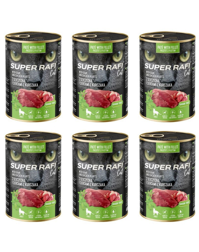 SUPER RAFI Nassfutter mit Wild und Hühnerherzen für adulte Katzen getreidefrei 6x400g