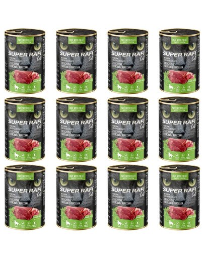 SUPER RAFI Nassfutter mit Wild und Hühnerherzen für adulte Katzen getreidefrei 12x400g