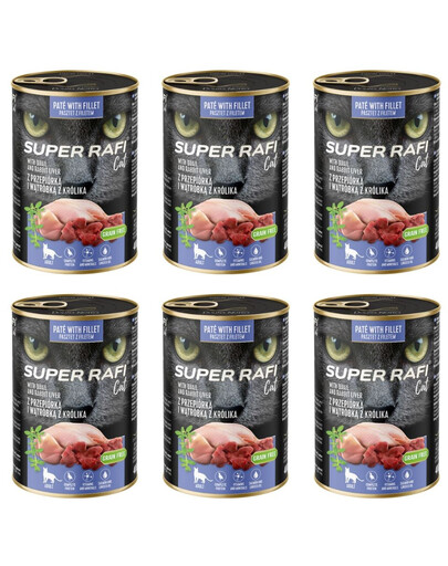 SUPER RAFI Nassfutter mit Wachtel und Kaninchenleber für adulte Katzen getreidefrei 6x400g