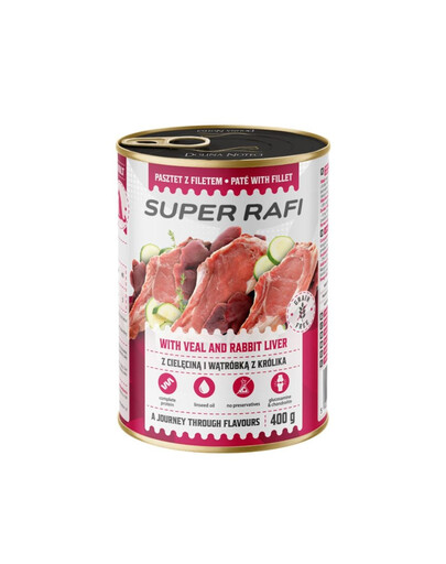 SUPER RAFI Nassfutter mit Kalbfleisch und Kaninchenleber für adulte Hunde getreidefrei 400 g