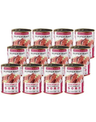 SUPER RAFI Nassfutter mit Kalbfleisch und Kaninchenleber für adulte Hunde getreidefrei 12x400 g