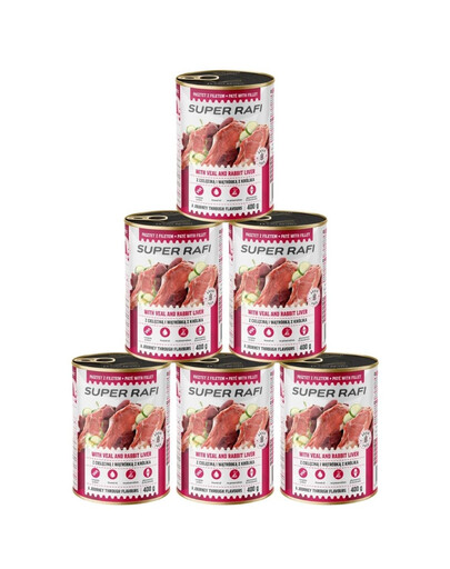 SUPER RAFI Nassfutter mit Kalbfleisch und Kaninchenleber für adulte Hunde getreidefrei 6x400 g