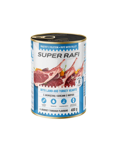 SUPER RAFI Nassfutter mit Lammfleisch und Putenherzen für adulte Hunde getreidefrei 400g
