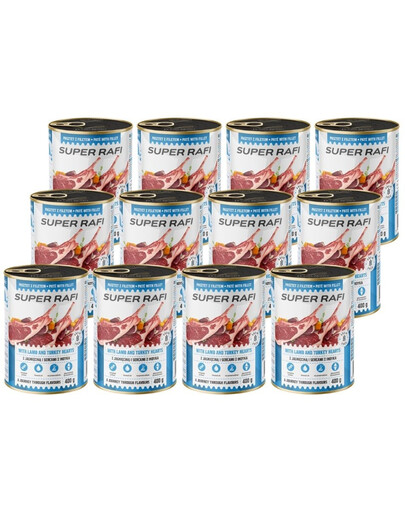SUPER RAFI Nassfutter mit Lammfleisch und Putenherzen für adulte Hunde getreidefrei 12x400 g