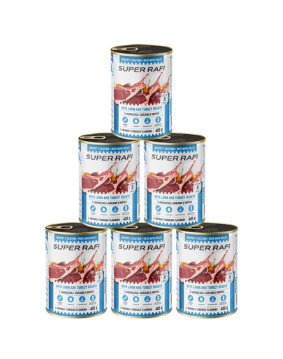 SUPER RAFI Nassfutter mit Lammfleisch und Putenherzen für adulte Hunde getreidefrei 6x400 g