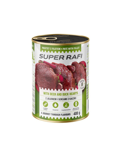 SUPER RAFI Nassfutter mit Hirsch und Entenherzen für adulte Hunde getreidefrei 400 g