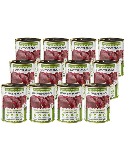 SUPER RAFI Nassfutter mit Hirsch und Entenherzen für adulte Hunde getreidefrei 12x400 g
