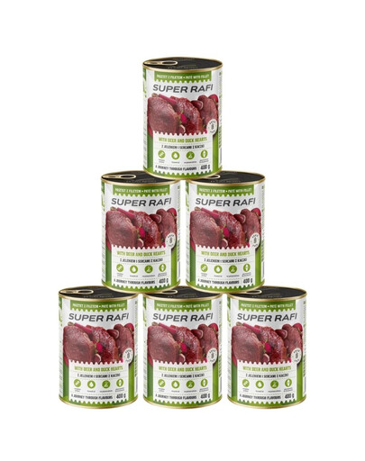 SUPER RAFI Nassfutter mit Hirsch und Entenherzen für adulte Hunde getreidefrei 6x400 g