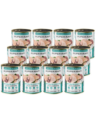 SUPER RAFI Nassfutter mit Perlhuhn und Rinderleber für adulte Hunde getreidefrei 12x400 g