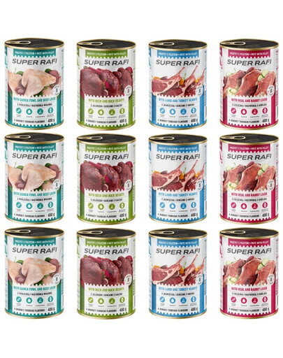 SUPER RAFI Nassfutter Mix 4 Geschmacks für adulte Hunde getreidefrei 12x400 g
