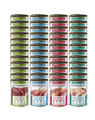 SUPER RAFI Nassfutter Mix 4 Geschmacks für adulte Hunde getreidefrei 48x400 g