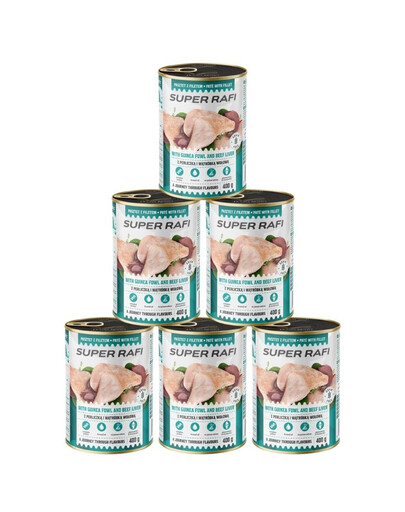 SUPER RAFI Nassfutter mit Perlhuhn und Rinderleber für adulte Hunde getreidefrei 6x400 g
