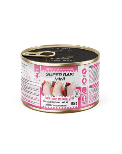 SUPER RAFI Mini Nassfutter mit Pute und Kaninchenleber für adulte kleine Hunderassen 185g
