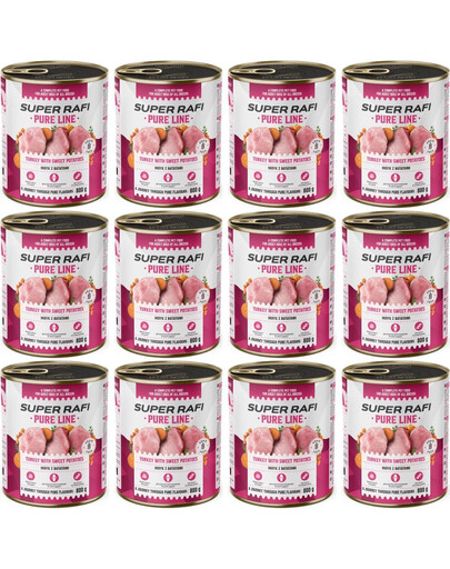 SUPER RAFI Pure Line Nassfutter Pute mit Süßkartoffeln für adulte Hunde getreidefrei 12x800g