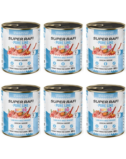 SUPER RAFI Pure Line Junior Nassfutter mit Lamm und Süßkartoffeln für Welpen getreidefrei 6x800g