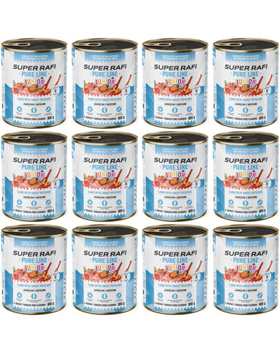 SUPER RAFI Pure Line Junior Nassfutter mit Lamm und Süßkartoffeln für Welpen getreidefrei 12x800g