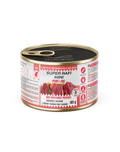 SUPER RAFI Mini Pure Line Nassfutter mit Rind und Süßkartoffeln für adulte kleine Hunderassen 185g