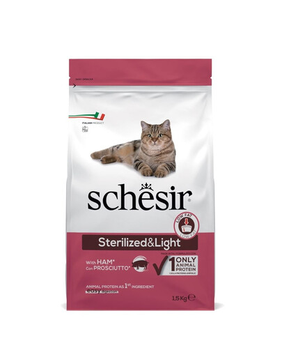SCHESIR Sterilized and Light Trockenfutter mit Schinken für Katzen nach der Sterilisation leicht verdaulich 1,5 kg