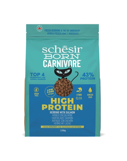 SCHESIR Born Carnivore Trockenfutter Hering und Lachs proteinreich für adulte Katzen getreidefrei 1,25 kg