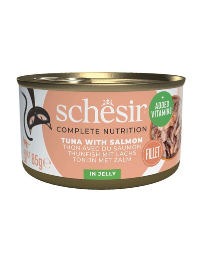 SCHESIR Nassfutter Thunfisch mit Lachs in Gelee für adulte Katzen 85 g