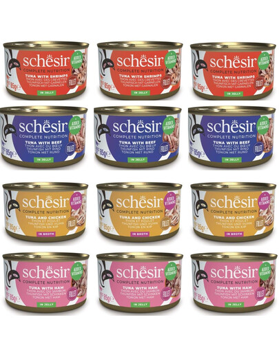SCHESIR Nassfutter Mix Geschmacks mit Thunfisch für Katzen 12x85g (4 Geschmacks)