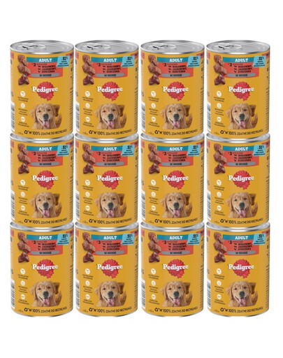PEDIGREE Adult puszka 12x400 g mokra karma pełnoporcjowa dla dorosłych psów z 3 rodzajami: wołowiną, jagnięciną i kurczakiem, w musie