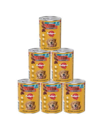 PEDIGREE Adult puszka 6x400 g mokra karma pełnoporcjowa dla dorosłych psów z 3 rodzajami: wołowiną, jagnięciną i kurczakiem, w musie