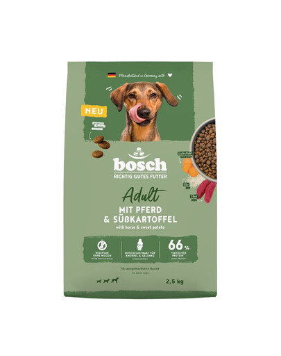 BOSCH Trockenfutter mit Pferd und Süßkartoffel ohne Weizen für adulte Hunde 2,5 kg