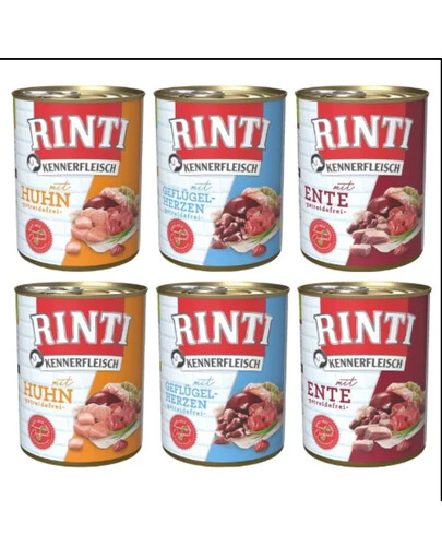 RINTI Kennerfleisch Nassfutter Mix Geschmacks mit Geflügelherzen, Huhn und Ente für adulte Hunde getreidefrei 6x400 g