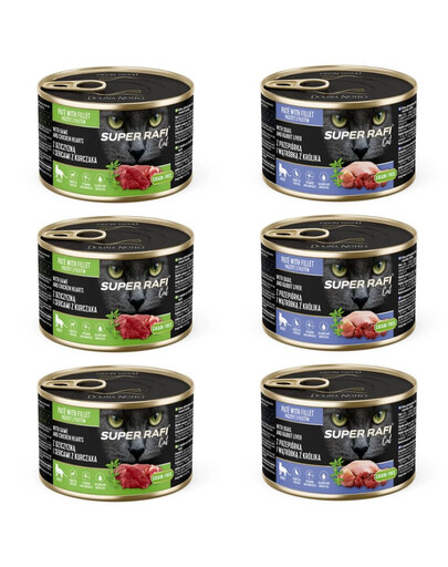 SUPER RAFI Nassfutter Wild und Hühnerherzen & Wachtel und Kaninchenleber für adulte Katzen 6x185g