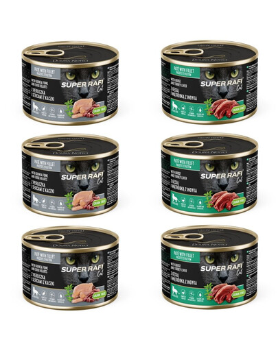 SUPER RAFI Cat Nassfutter Perlhuhn und Entenherzen & Gans und Putenleber für sterilisierten Katzen 6x185g