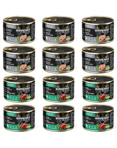 SUPER RAFI Cat Nassfutter Perlhuhn und Entenherzen & Gans und Putenleber für sterilisierten Katzen 12x185g
