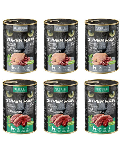 SUPER RAFI Nassfutter Perlhuhn und Entenherzen & Gans und Putenleber für sterilisierten Katzen 6x400g