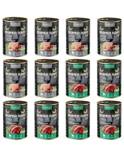 SUPER RAFI Nassfutter Perlhuhn und Entenherzen & Gans und Putenleber für sterilisierten Katzen 12x400g