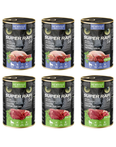 SUPER RAFI Nassfutter Wachtel und Kaninchenleber & Wild und Hühnerherzen für adulte Katzen 6x400g
