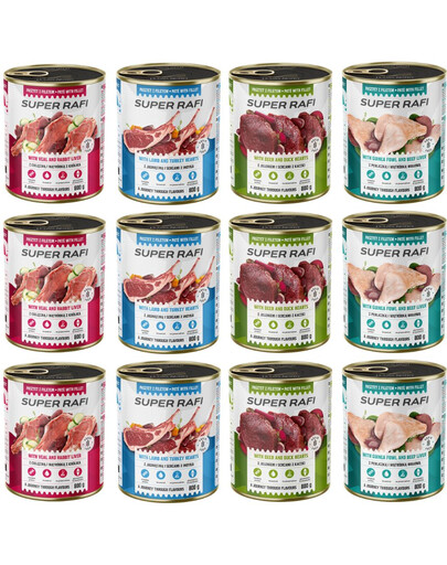 SUPER RAFI Nassfutter Mix 4 Geschmacks für adulte Hunde getreidefrei 12x800g