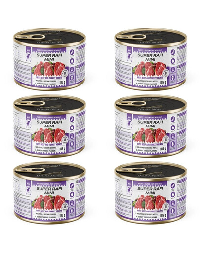 SUPER RAFI Mini Nassfutter mit Rind und Putenherzen fü adulte kleine Hunderassen 6x185g