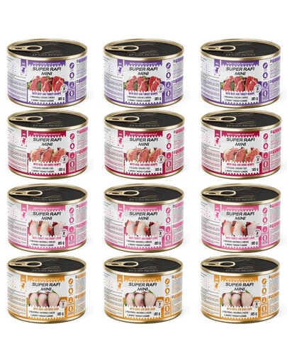 SUPER RAFI Mini Nassfutter Mix 4 Geschmacks für adulte kleine Hunderassen 12x185g