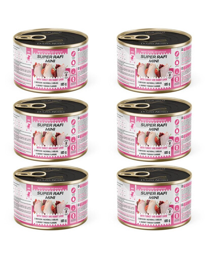 SUPER RAFI Mini Nassfutter mit Pute und Kaninchenleber für adulte kleine Hunderassen 6x185g