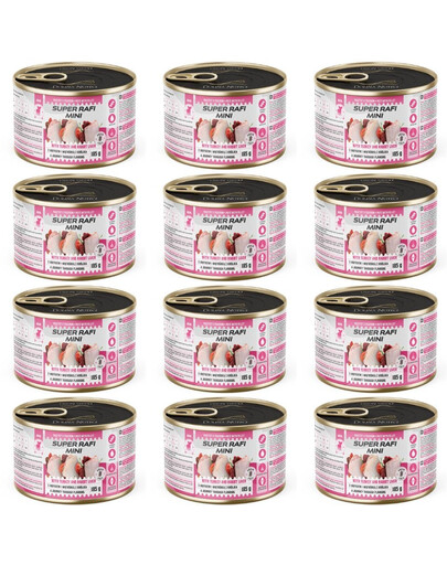 SUPER RAFI Mini Nassfutter mit Pute und Kaninchenleber für adulte kleine Hunderassen 12x185g