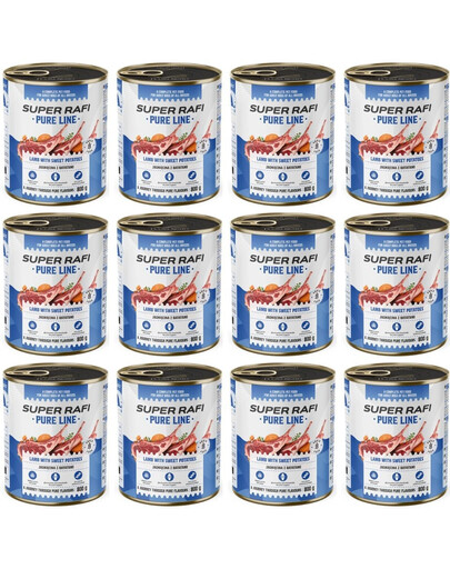 SUPER RAFI Pure Line Nassfutter Lamm mit Süßkartoffeln für adulte Hunde getreidefrei 12x800g